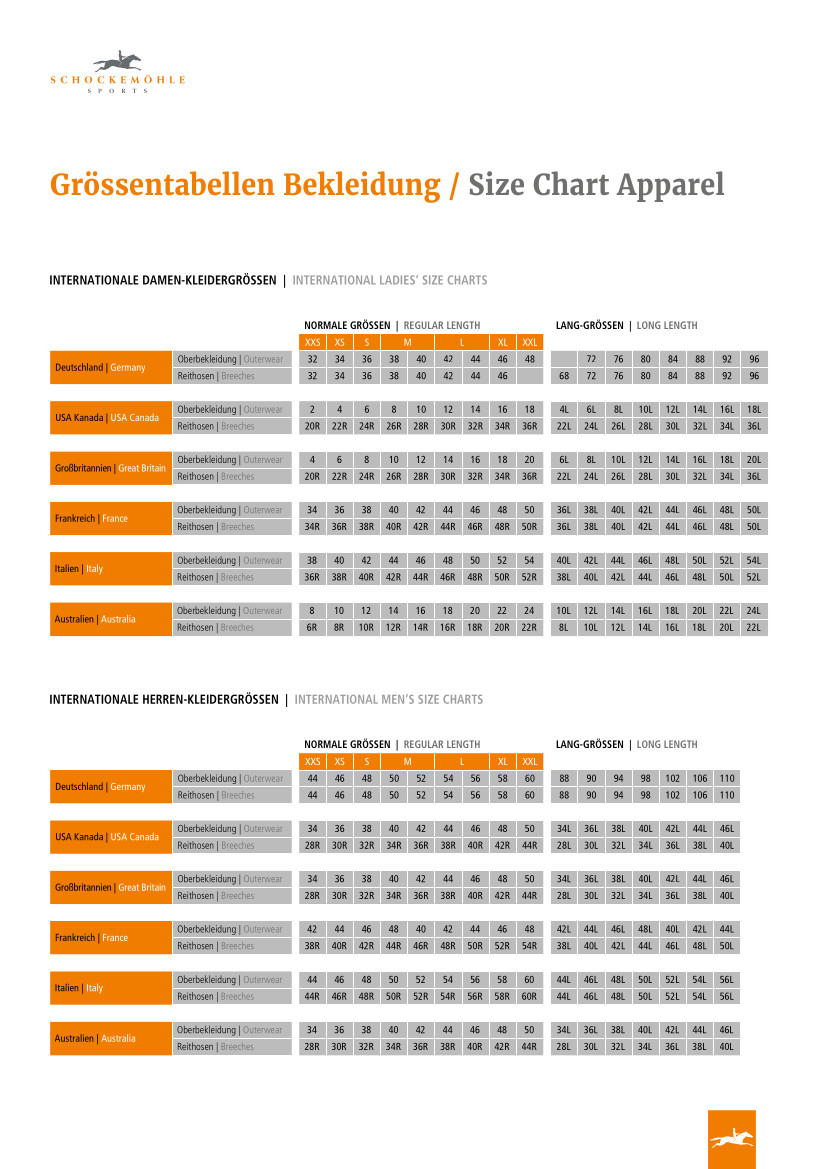 Schockemohle Clothing Size Guide